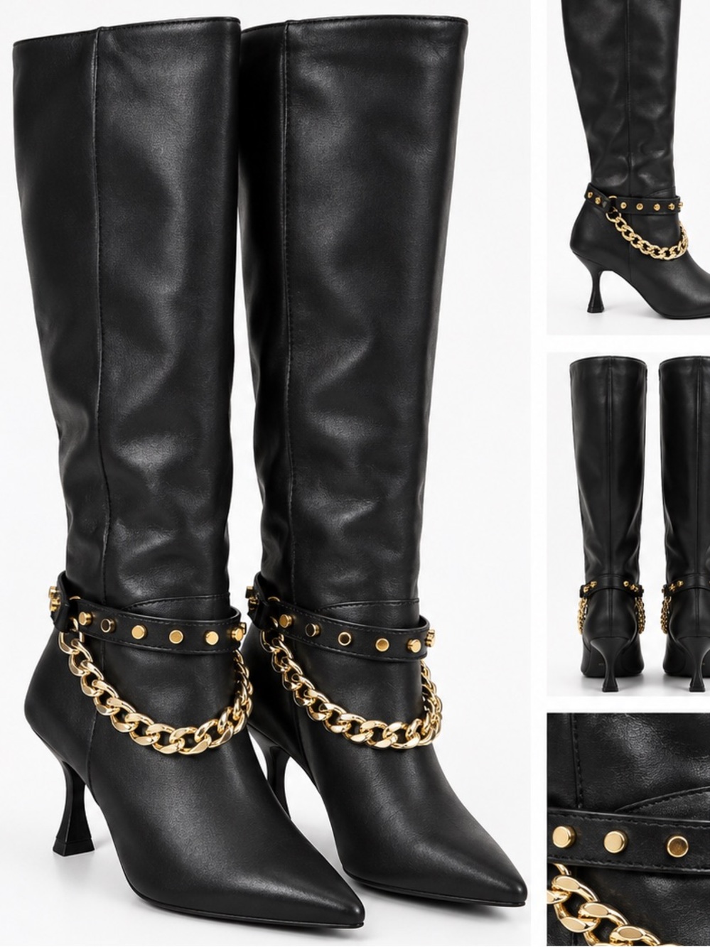 Black Knee-High Chain-Accent Boots -
